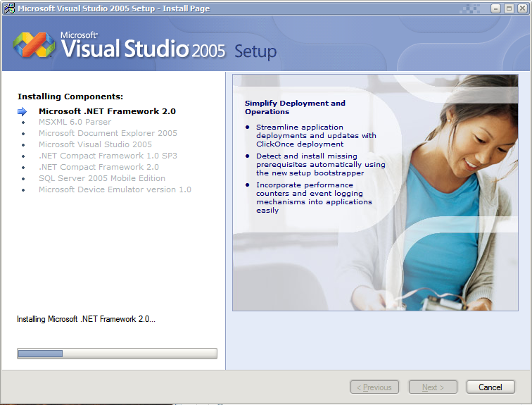 A screenshot of the Microsoft Visual Studio 2005 installer featuring a smiling Asian woman.