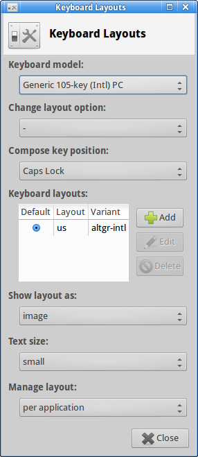The Xfce Keyboard Layouts widget showing the option of which key to use as compose.