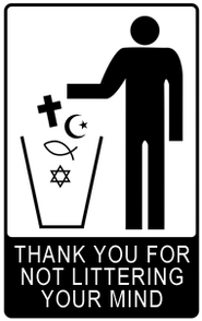 An abstract figure throwing religious symbols into a trashcan, with the caption 'thank you for not littering your mind.
