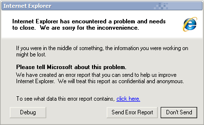 Dialog showing 'Internet Explorer encountered a problem and needs to close.