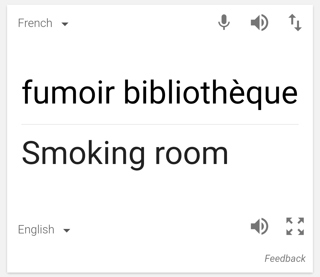 fumoir bibliothèque (lowercase F) = smoking room