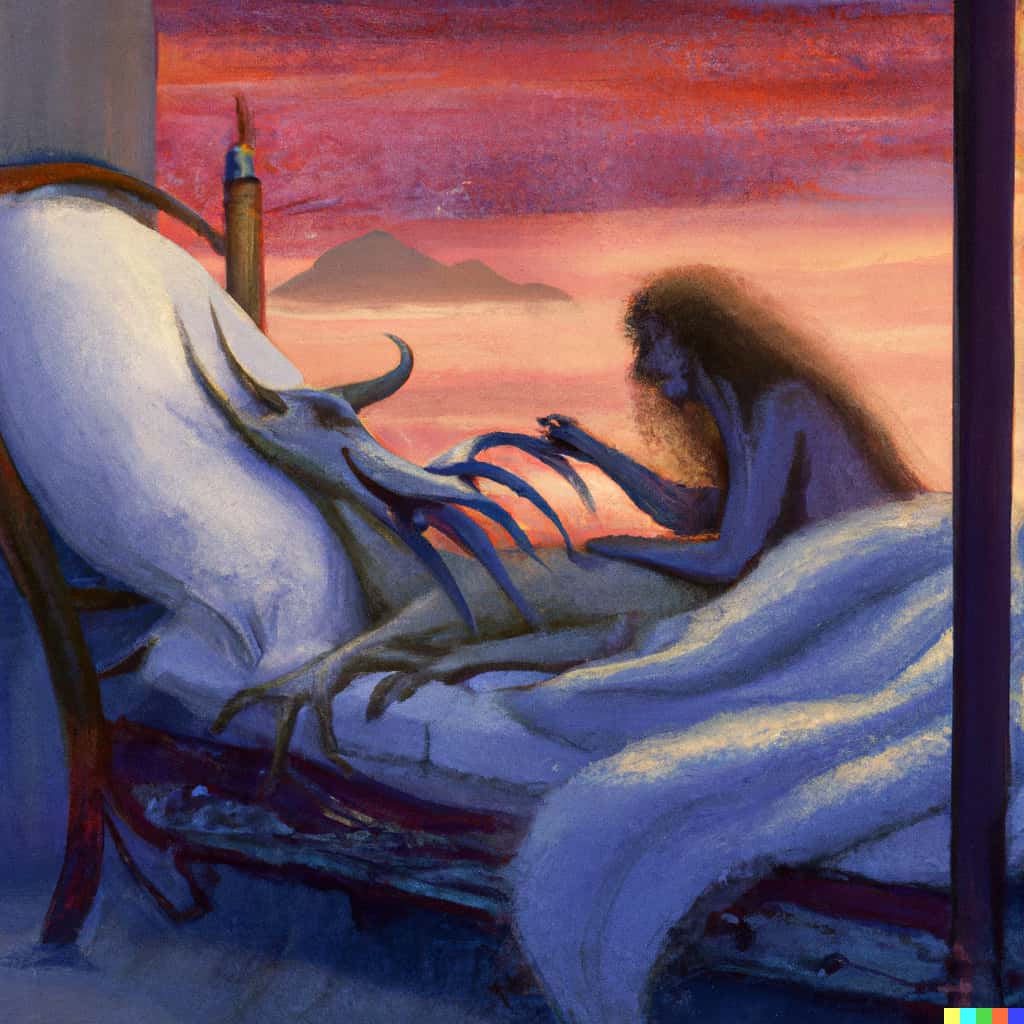 A fantasy creature called a JavaScript lounging on a bed being stroked by an Icelander in a romantic ominous painting style